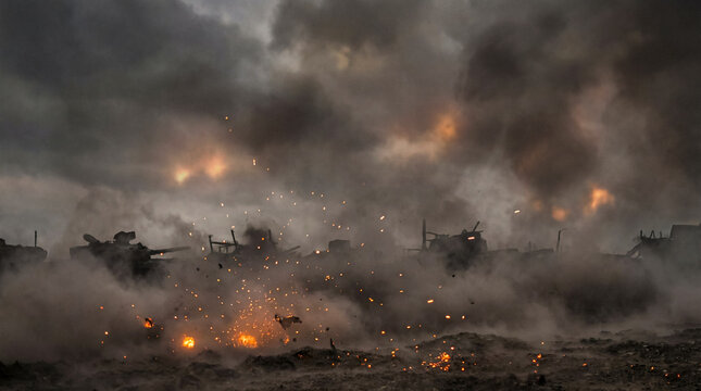 Night combat operations with powerful explosions, bright sparks, and thick smoke, capturing intense war action.