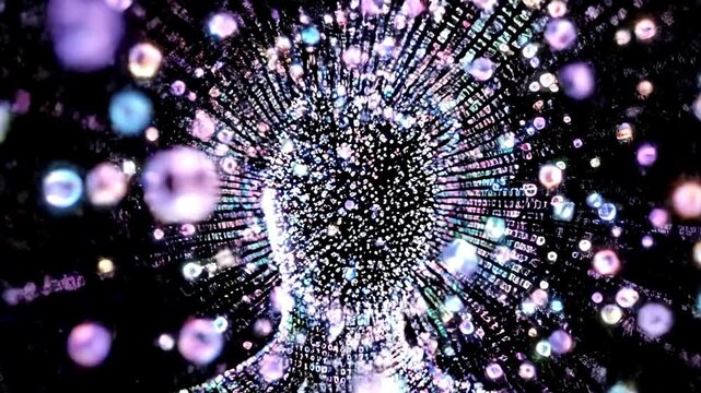 A human head with a sparkling, pixelated effect on the face and neck against a starry background