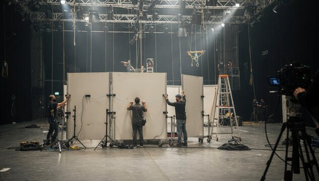 Medium shot of crew assembling modular wall panels on a film studio soundstage with lighting grids hanging overhead and rigging being adjusted in the background.