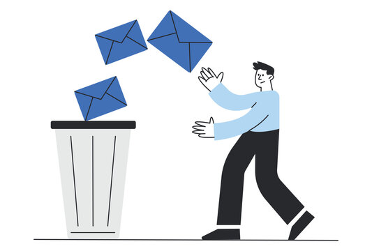 Man throwing email envelopes into trash bin vector.