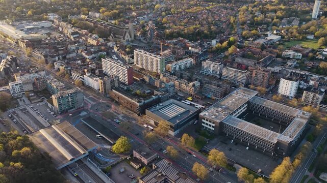 A panoramic Aerial  view of the city Genk in Belgium, on a sunny spring morning.