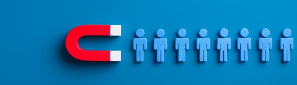 magnet attracts customers, Magnetic Leadership: Figures Aligned Horizontally Behind Leader, Influence Concept with Copy Space