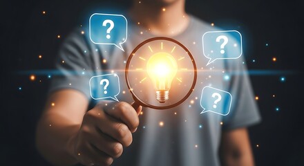 Naklejka premium A man holding a magnifying glass with question marks and a glowing light