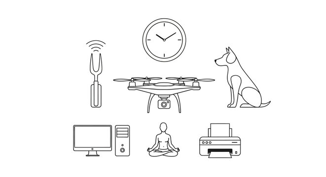 Set of minimalist line icons featuring a drone, dog, computer, and yoga pose