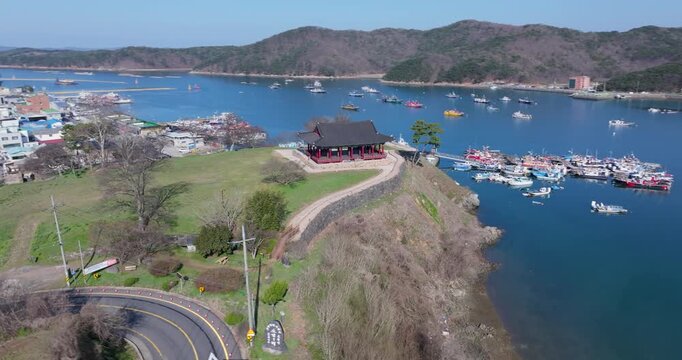 Aerial Drone Footage of Peaceful Ocheon Port and Chungcheong Suyeongseong Fortress, Boryeong, South Korea