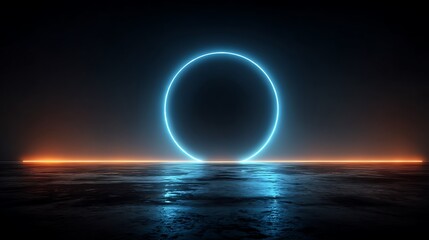 Obraz premium Glowing blue neon circle on a dark reflective surface with orange light lines on the horizon