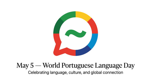 A vibrant speech bubble icon with a green wavy line, celebrating May 5 as World Portuguese Language Day, emphasizing language, culture, and global connection.