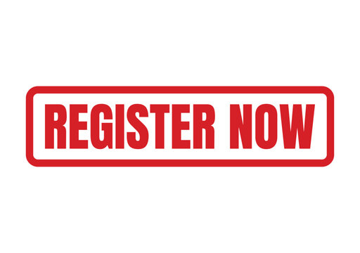 Vibrant red stamp design displaying the phrase Register Now perfect for urgent promotional and marketing campaigns