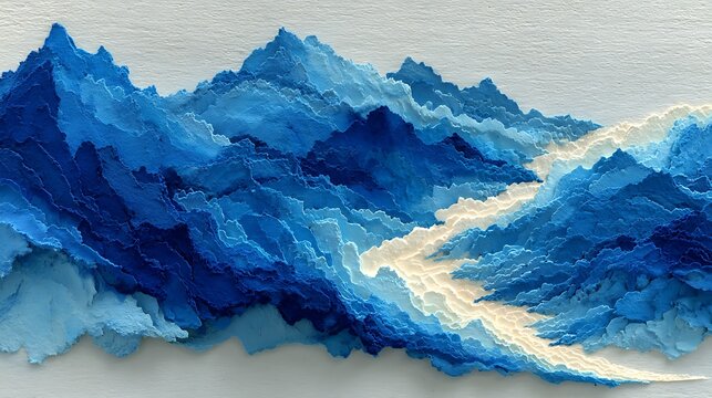 Layered blue and white paper cut mountains with a creamy yellow river flowing through
