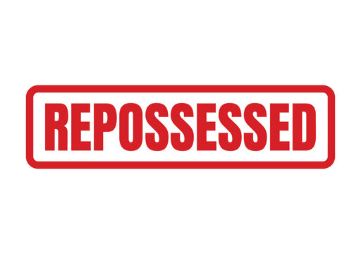 A bright red ink rubber stamp showing the official business word Repossessed for legal document marking