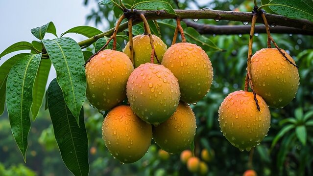 Ripe Mangoes Hanging on Tree Branch in Tropical Orchard.