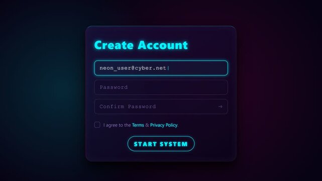 Futuristic Cyberpunk Create Account UI Neon Glowing Registration Form for Digital Platform and Tech Interface