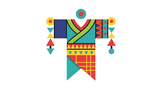 Colorful, geometric abstract form resembling a figure with a distinct neck, body, and arm shapes, with decorative patterns