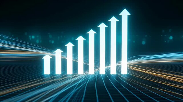 Glowing upward arrows chart showing steady growth rising trend over glowing digital arrows rising over neon grid representing growth and progress with futuristic blue bokeh lights and glowing