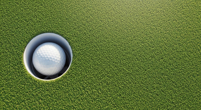 Highly detailed overhead close up view of a white dimpled golf ball resting perfectly inside the cup on a lush green putting surface captures success.