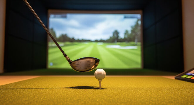 A professional golf driver club is perfectly positioned over a white golf ball on a tee, ready for a powerful swing within a high-tech indoor simulator displaying a beautiful virtual course landscape
