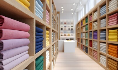 Obraz premium Interior of a modern fabric store with long wooden shelves filled with neatly folded colorful textiles, vibrant fabrics in shades of pink, blue, green, yellow, and orange arranged in stacks