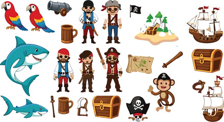 Fototapeta premium Pirate Cartoon Character and Sea Adventure Elements Vector Set with Ships Treasure Map Shark Parrot and Nautical Illustration Collection