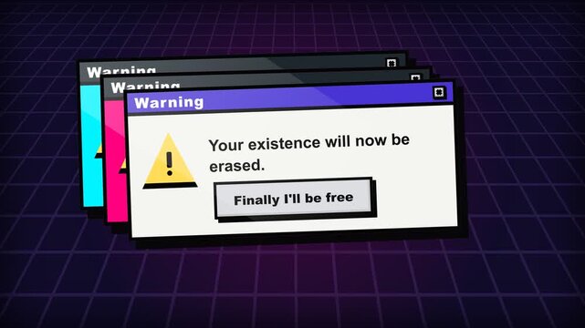 Retro Vaporwave Style Computer Warning Window Animation with Humorous Dark Comedy Existential Message on Synthwave Grid