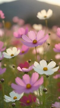 Field of Pink and White Cosmos Flowers in Soft Sunlight Generative AI