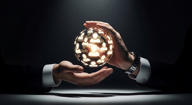 Hands holding glowing crystal ball.