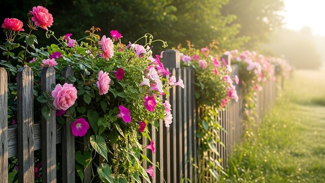 Roses cascading over a weathered fence in a sunlit garden.