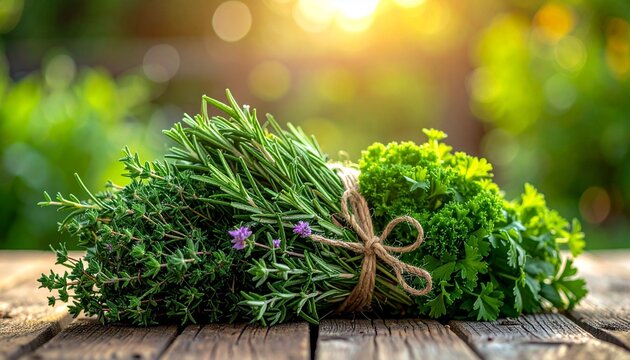 Fresh herbs on wooden surface