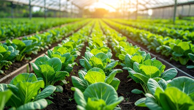Green plants growing in greenhouse sunlight