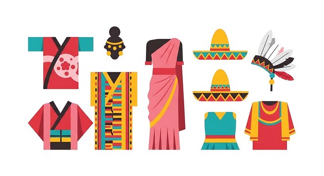 Colorful illustrated representations of diverse cultural clothing, featuring traditional attire from various societies