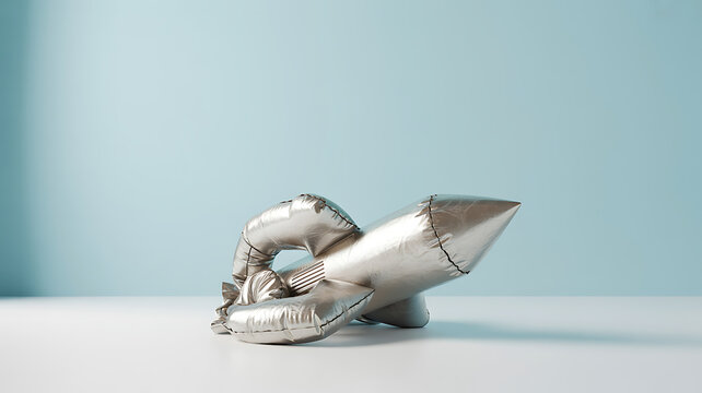 Deflated silver balloon rocket symbolizing failed launch or business venture with represents a failed project a setback or a business didn't take off lack of succ