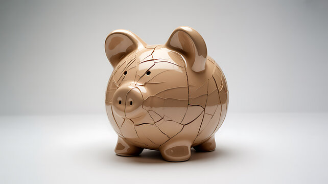 Broken piggy bank representing financial loss and savings ruin with financial disaster brokenness insurance investment overspending recession bankruptcy