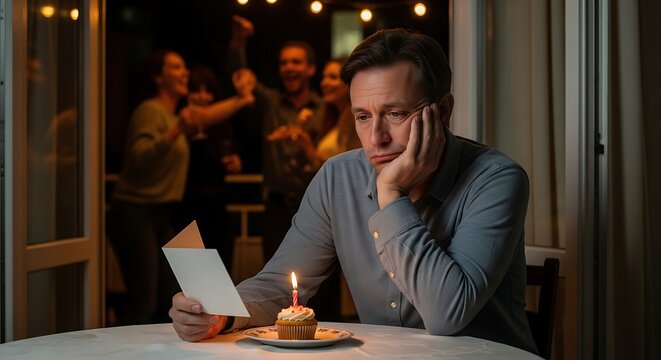 Sad lonely man celebrating birthday alone with cupcake while friends party background
