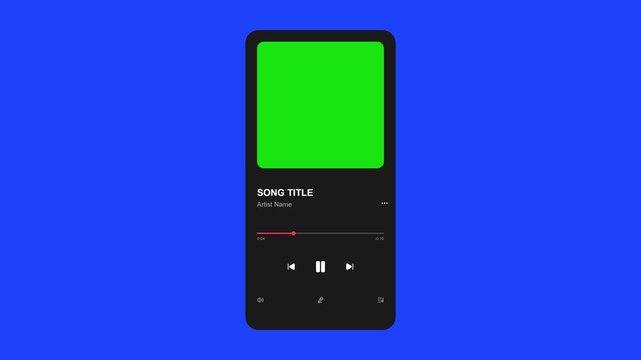 Modern digital music player interface mockup with a chroma key green screen for album art and animated playback controls on a blue background.