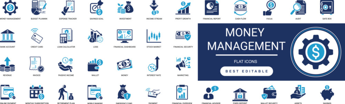 money management icon set. budget, personal finance, saving, investment, finance, banking, wallet. editable vector illustration collection set.