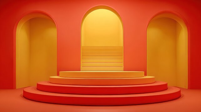 Abstract red and yellow stage with arches and stairs for presentation