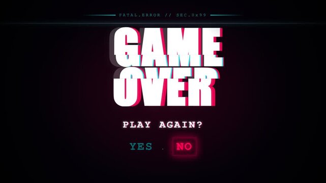 Retro Arcade Game Over Screen with Glitch Effect and Fatal Error Message for Gaming and Esports Content