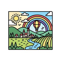 Fototapeta premium Colorful illustrated scene depicting a town, fields, hot air balloon, rainbow, sun, and clouds. A river winds through the landscape