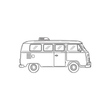 Vintage camper van line drawing illustration.