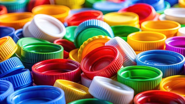 A photo of assorted vibrant plastic bottle caps scattered on a smooth white background Each cap has unique colors and patterns, creating a colorful a