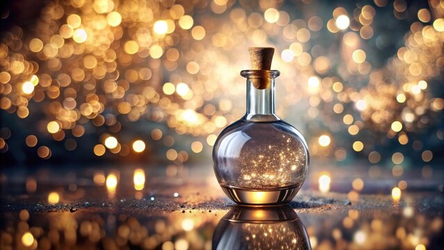 A photo of an elegant glass bottle with shimmering liquid and a cork stopper The bottle has a smooth, curved body and a delicate stem The liquid ins