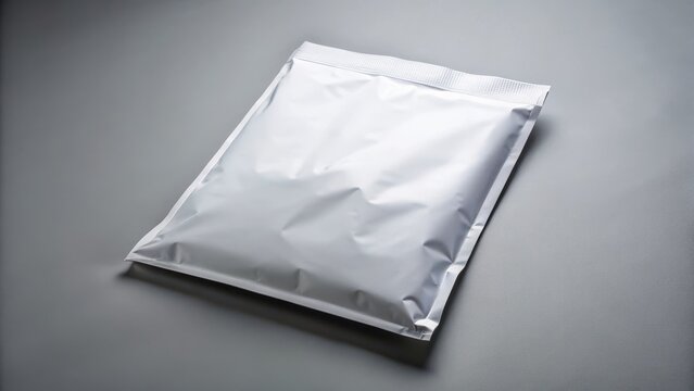 A photo of a pristine white poly mailer bag resting on a smooth grey background The bag is slightly tilted to one side, revealing its clean and polis