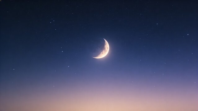 Bright glowing crescent moon in a deep blue twilight night sky with subtle stars. Celestial background for Ramadan Kareem, evening themes, or astronomical concepts.
