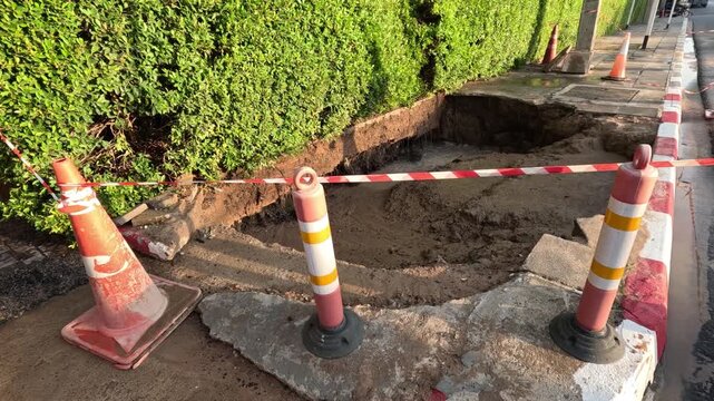 Road construction site with large sinkhole and orange safety cones on sidewalk near green hedge.