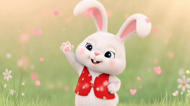 Smiling Bunny : A charming cartoon bunny cheerfully waves hello in a field of hearts and flowers, exuding sweetness and positivity.