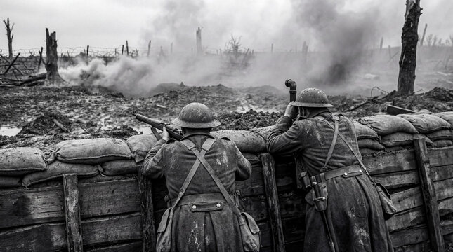 Historical black and white photograph of two brave soldiers fighting in a muddy WWI trench, depicting intense warfare.