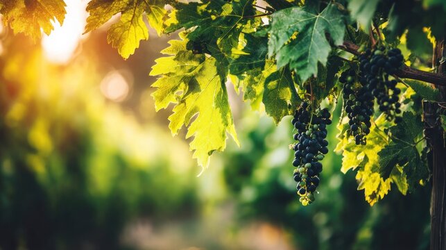 Close up of grapevine with ripe grapes and green leaves under sunlight
