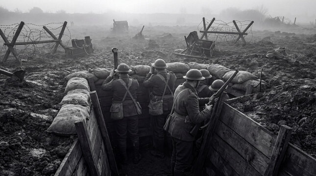 A group of brave soldiers in a muddy World War I trench, observing the foggy, devastated battlefield.