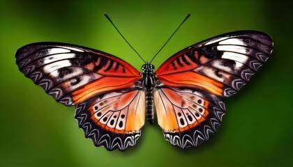 Obraz premium Vibrant Lacewing Butterfly with Intricate Wing Patterns on Green Background.