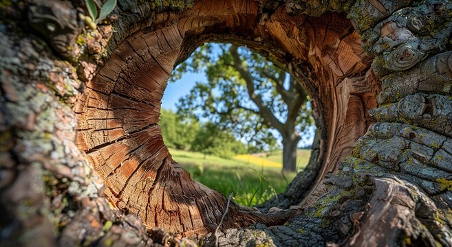 View Through Tree Knot Hole, Nature Framed Landscape Concept, Ideal for nature photography, environmental content, and rustic outdoor design projects.