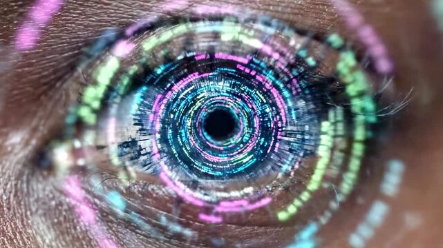A close-up of an eye with vibrant digital patterns emanating from the pupil